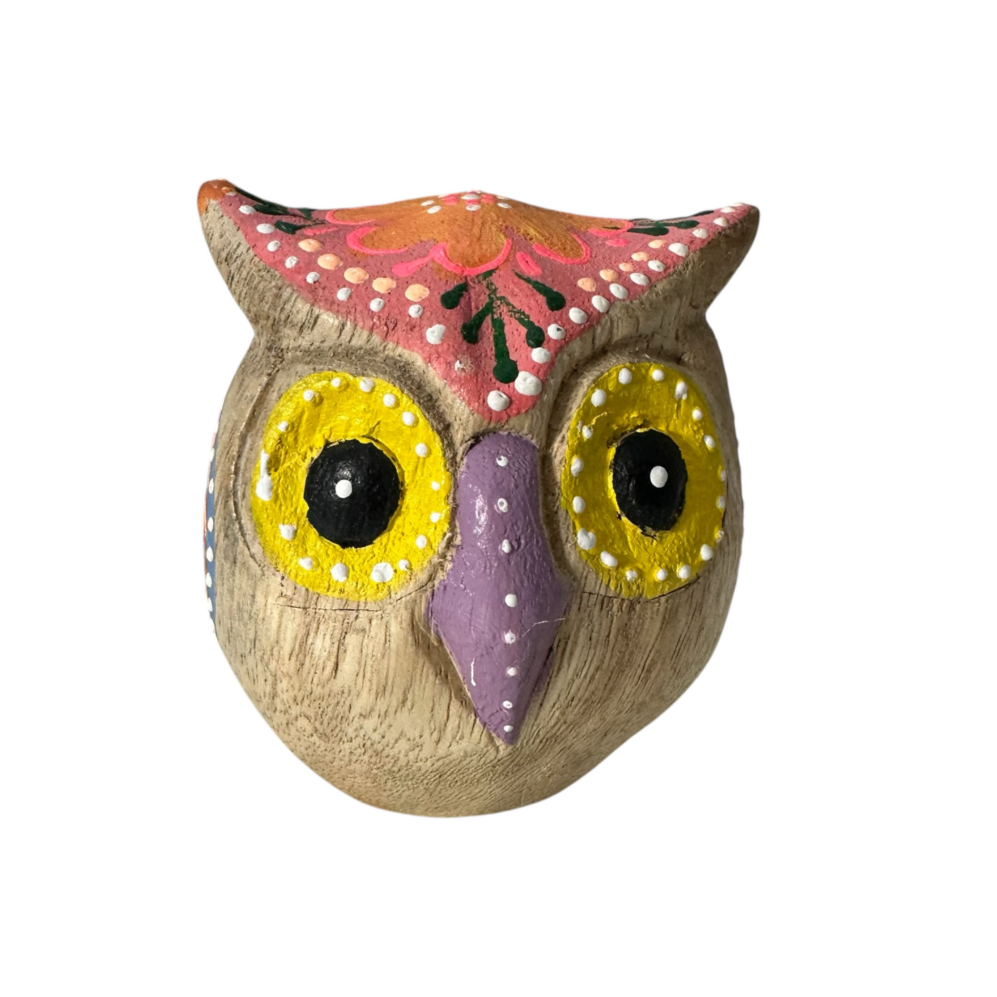 Hand-Painted Wooden Owl Figurine - Yellow Eyes & Pink Accents