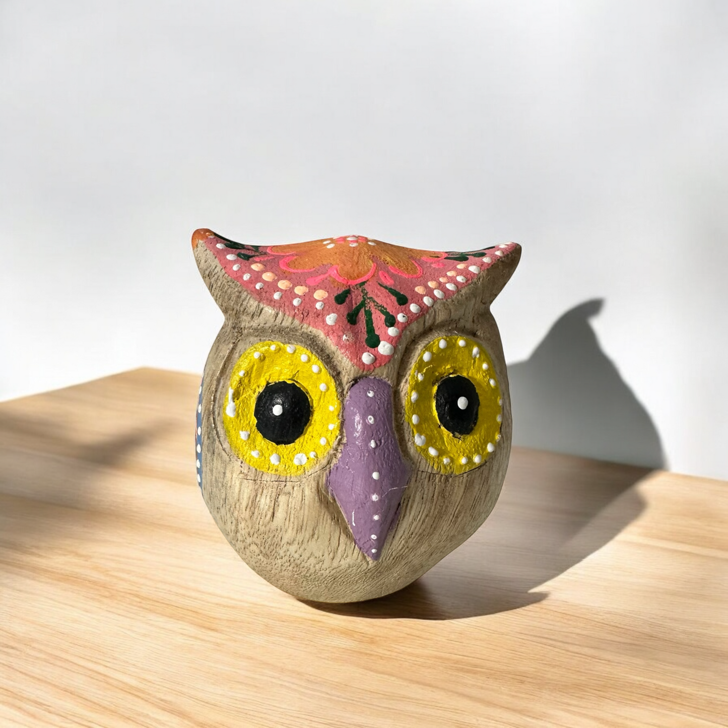 Hand-Painted Wooden Owl Figurine - Yellow Eyes & Pink Accents