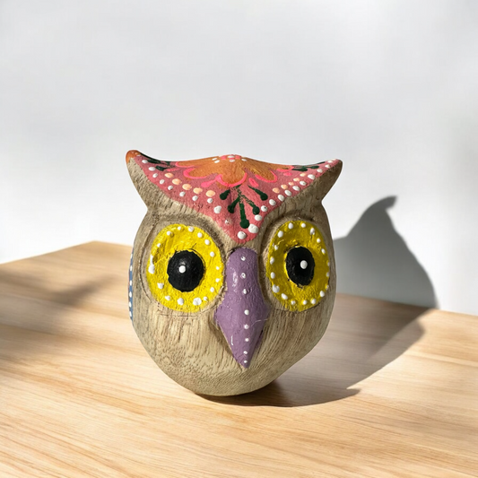 Hand-Painted Wooden Owl Figurine - Yellow Eyes & Pink Accents