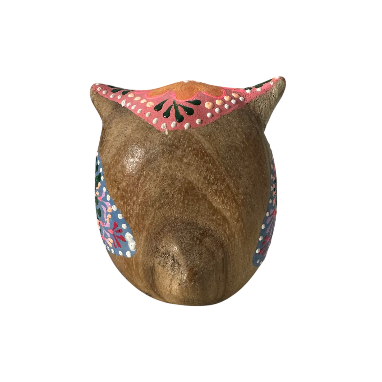 Hand-Painted Wooden Owl Figurine - Yellow Eyes & Pink Accents
