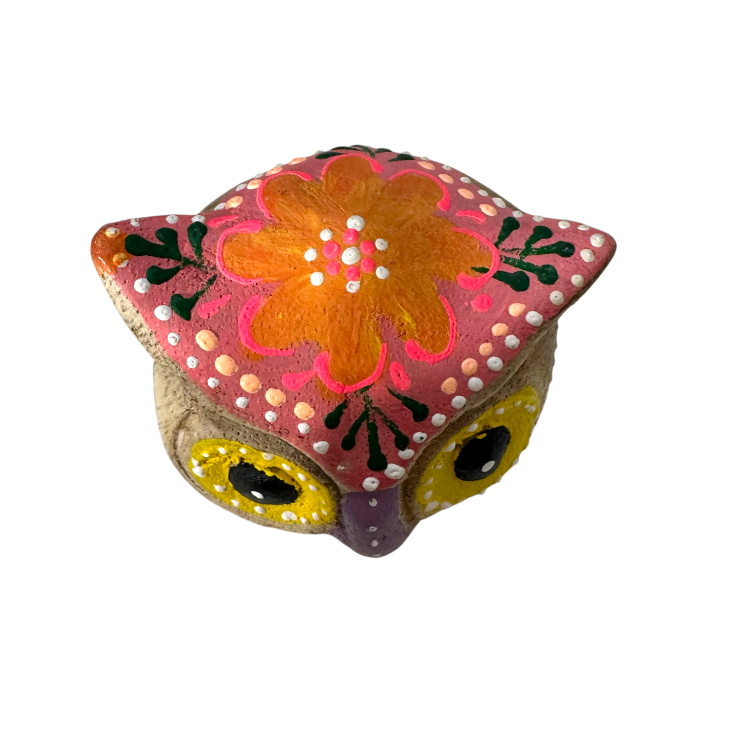 Hand-Painted Wooden Owl Figurine - Yellow Eyes & Pink Accents