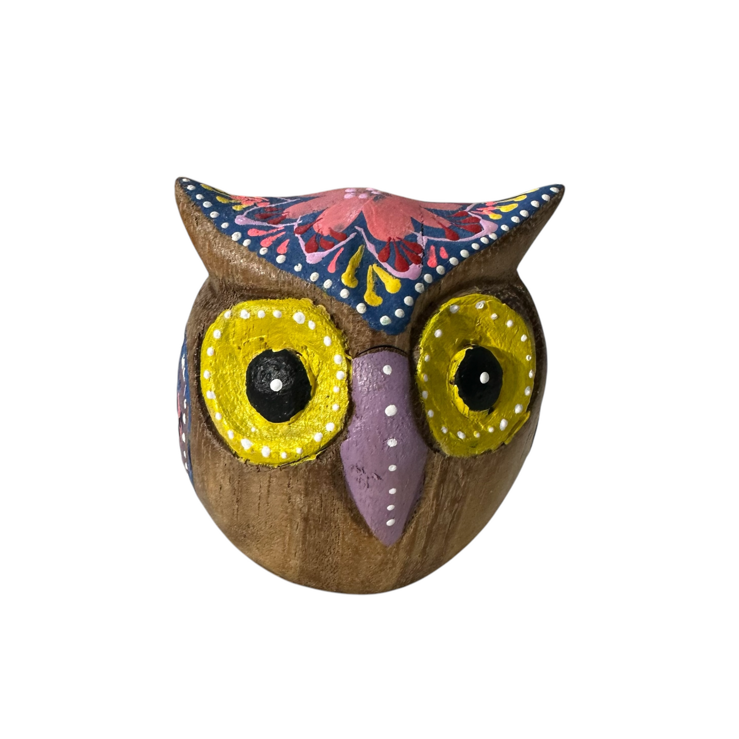 Hand-Painted Wooden Owl Figurine - Dark Brown & Floral Design