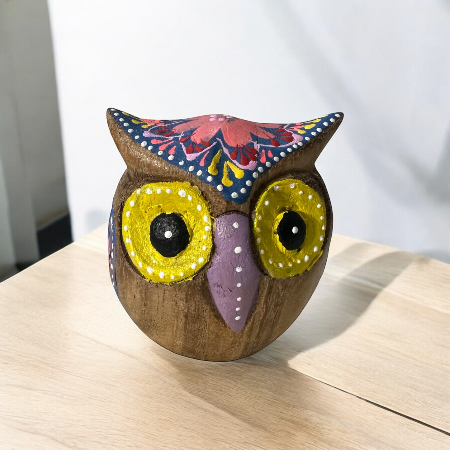 Hand-Painted Wooden Owl Figurine - Dark Brown & Floral Design