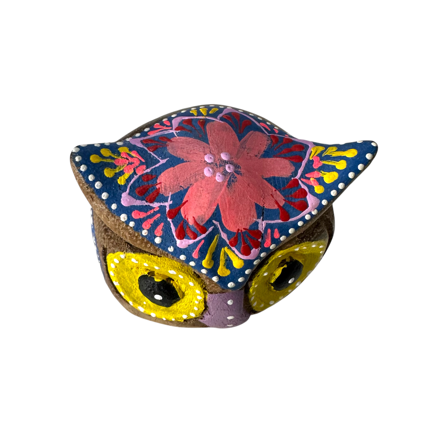 Hand-Painted Wooden Owl Figurine - Dark Brown & Floral Design