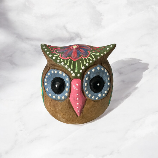 Hand-Painted Wooden Owl Figurine - Green & Blue Highlights
