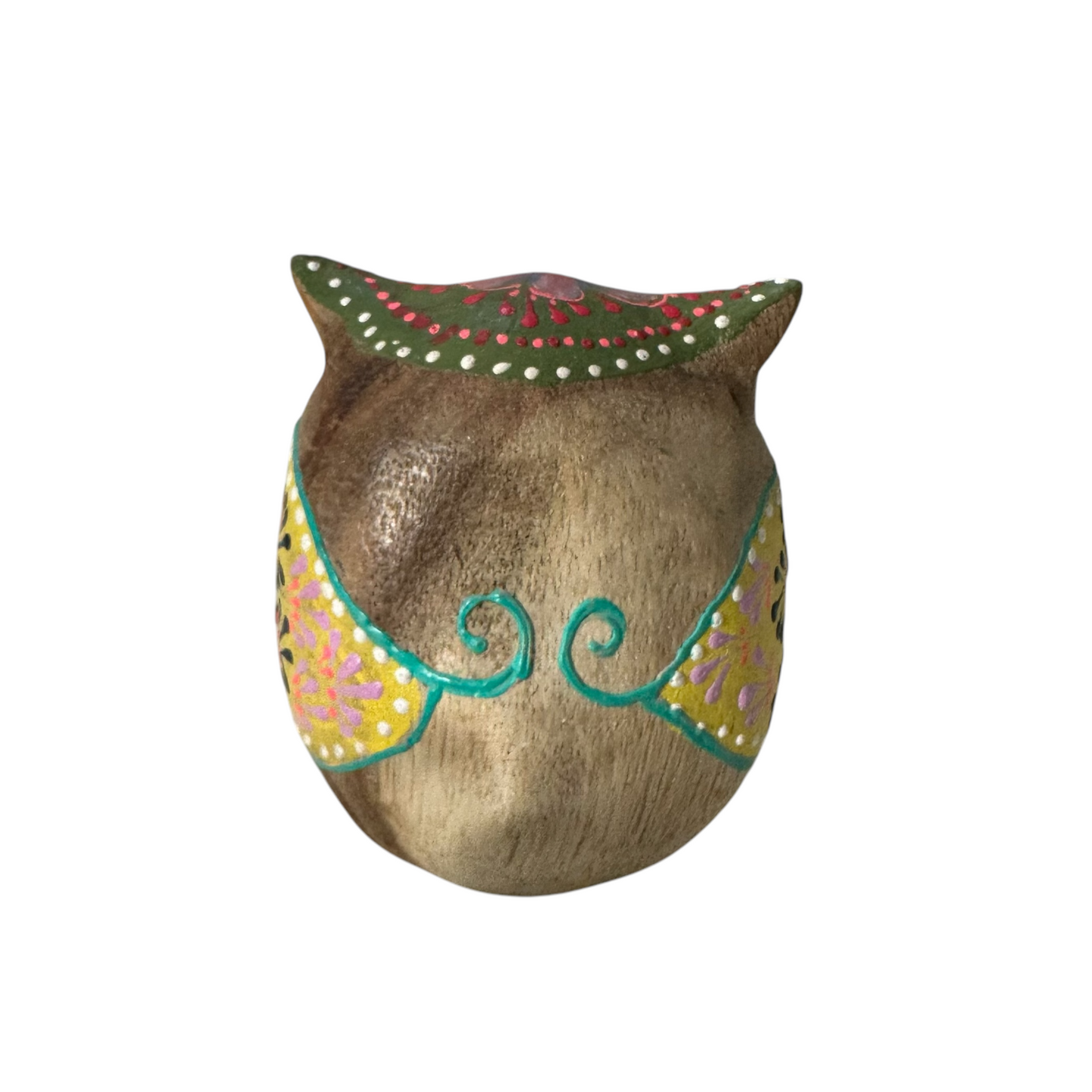 Hand-Painted Wooden Owl Figurine - Green & Blue Highlights