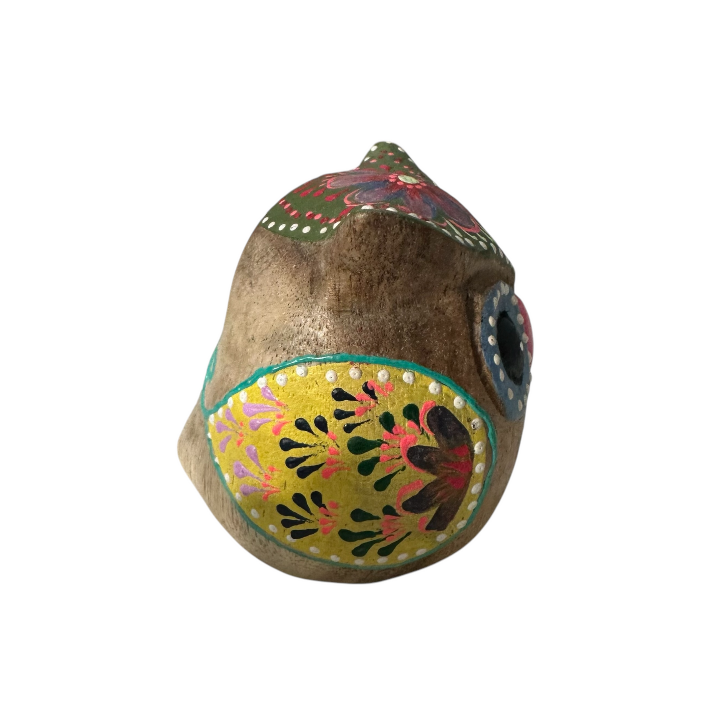 Hand-Painted Wooden Owl Figurine - Green & Blue Highlights