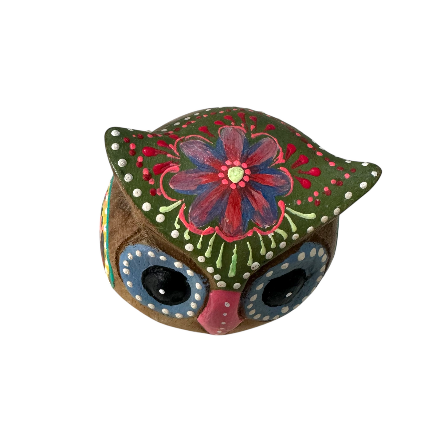 Hand-Painted Wooden Owl Figurine - Green & Blue Highlights