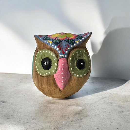 Hand-Painted Wooden Owl Figurine - Blue & Pink Floral Accents
