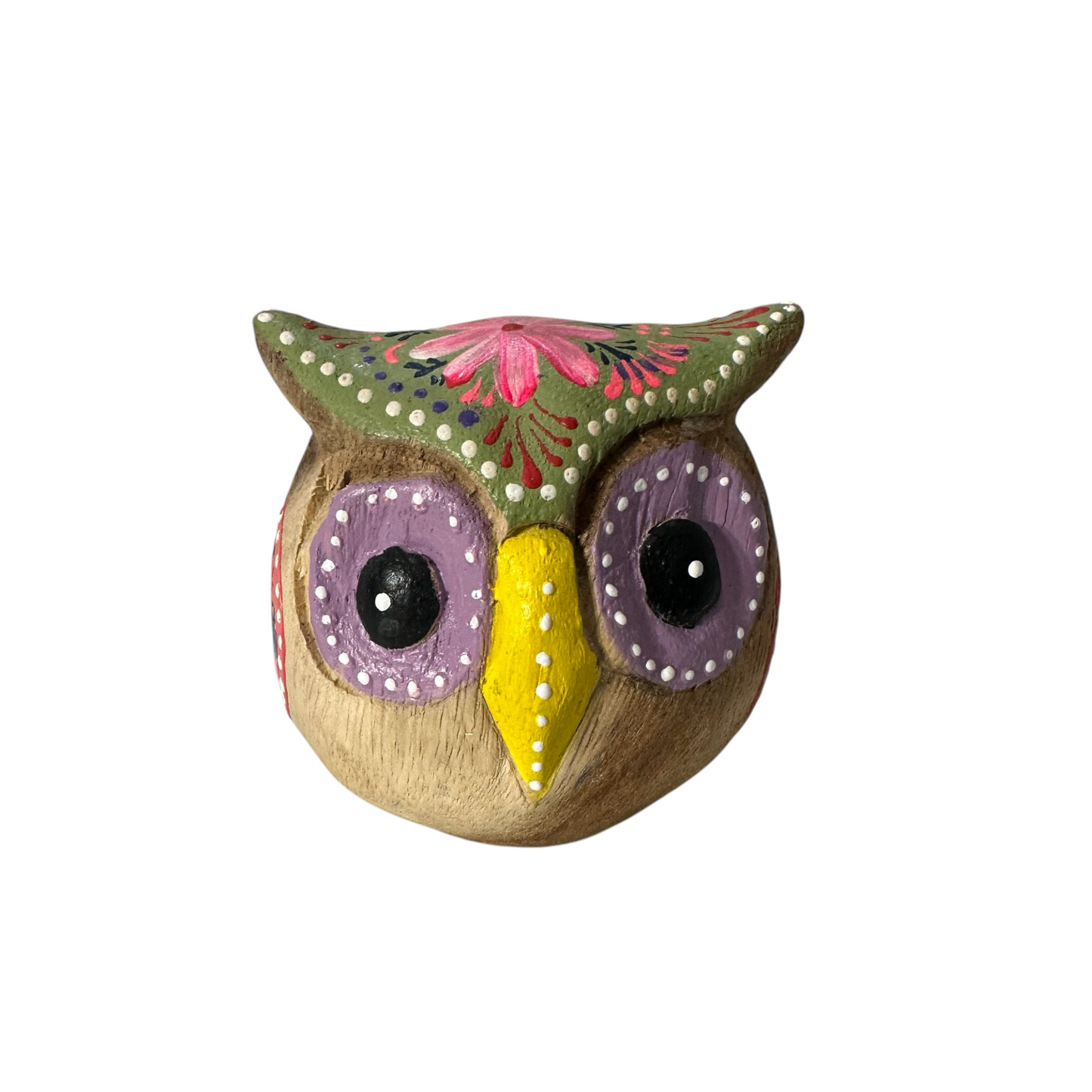 Hand-Painted Wooden Owl Figurine - Purple Eyes & Yellow Beak