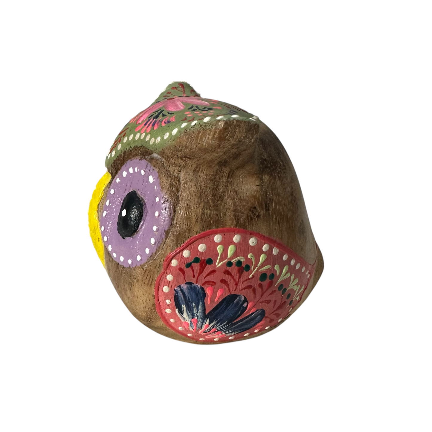 Hand-Painted Wooden Owl Figurine - Purple Eyes & Yellow Beak