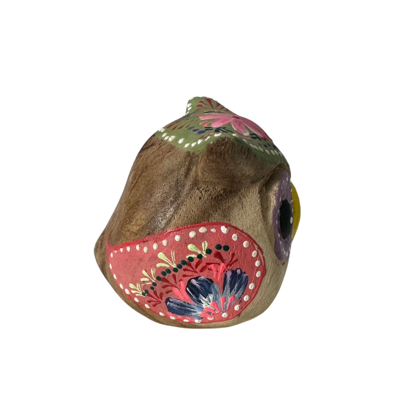 Hand-Painted Wooden Owl Figurine - Purple Eyes & Yellow Beak