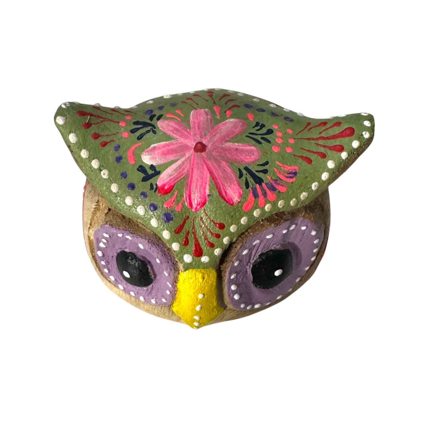 Hand-Painted Wooden Owl Figurine - Purple Eyes & Yellow Beak