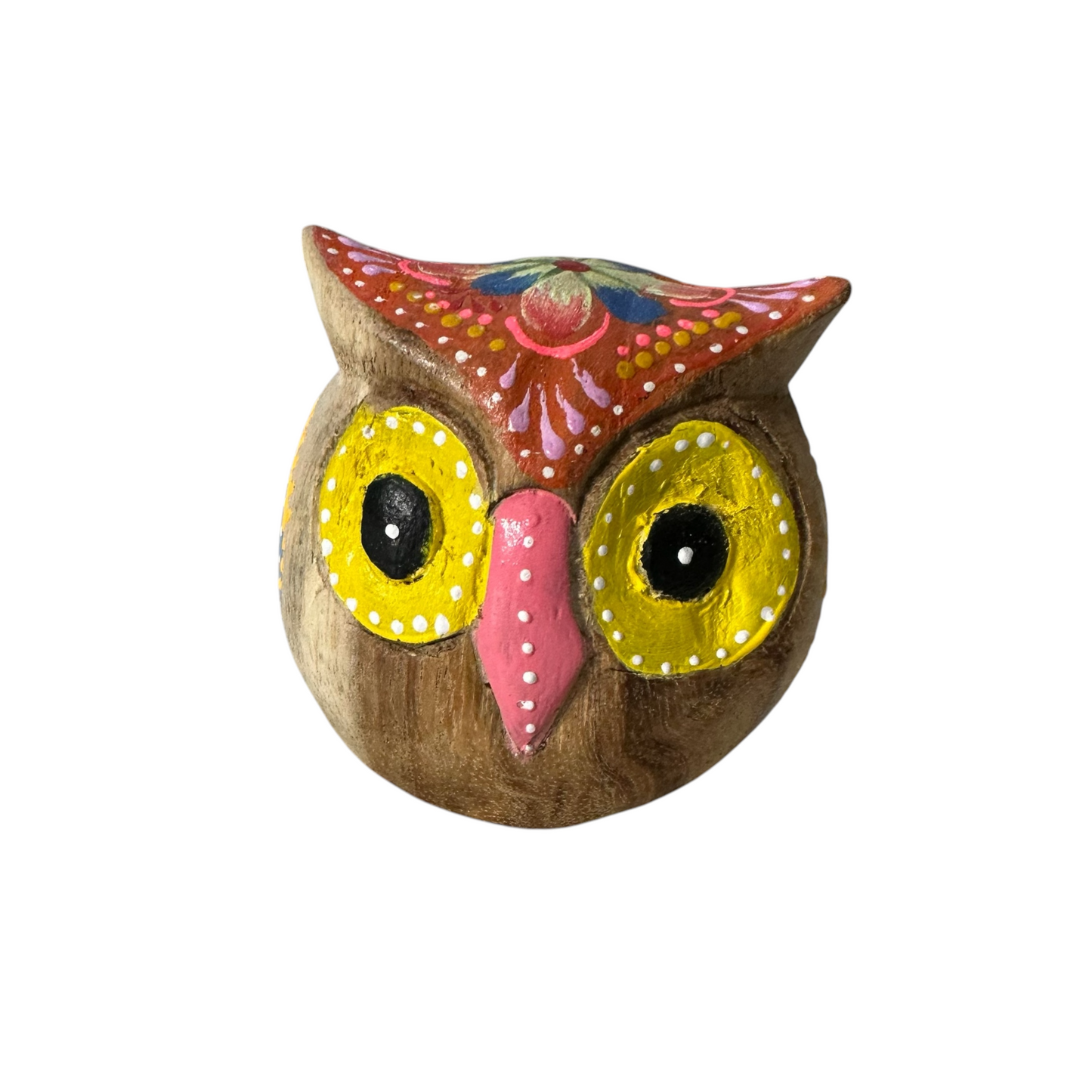 Hand-Painted Wooden Owl Figurine - Yellow & Red Floral Design