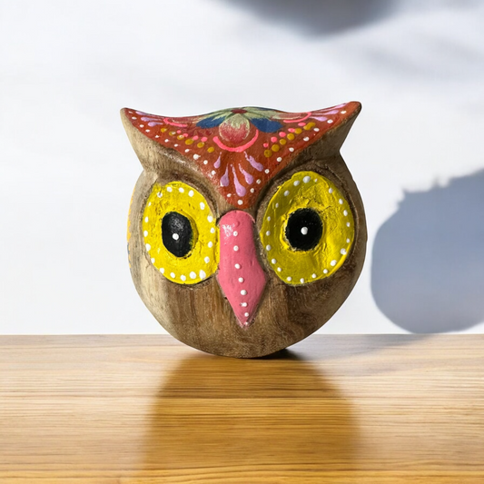 Hand-Painted Wooden Owl Figurine - Yellow & Red Floral Design