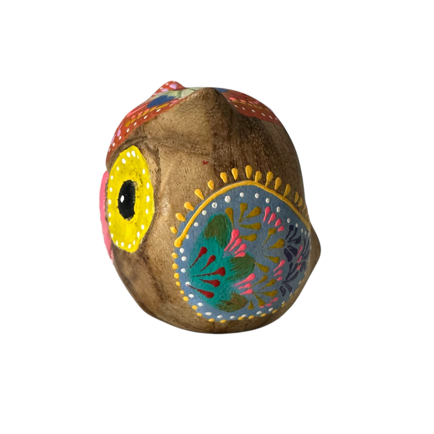 Hand-Painted Wooden Owl Figurine - Yellow & Red Floral Design