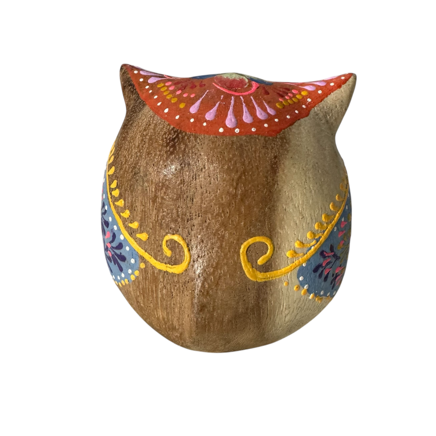 Hand-Painted Wooden Owl Figurine - Yellow & Red Floral Design