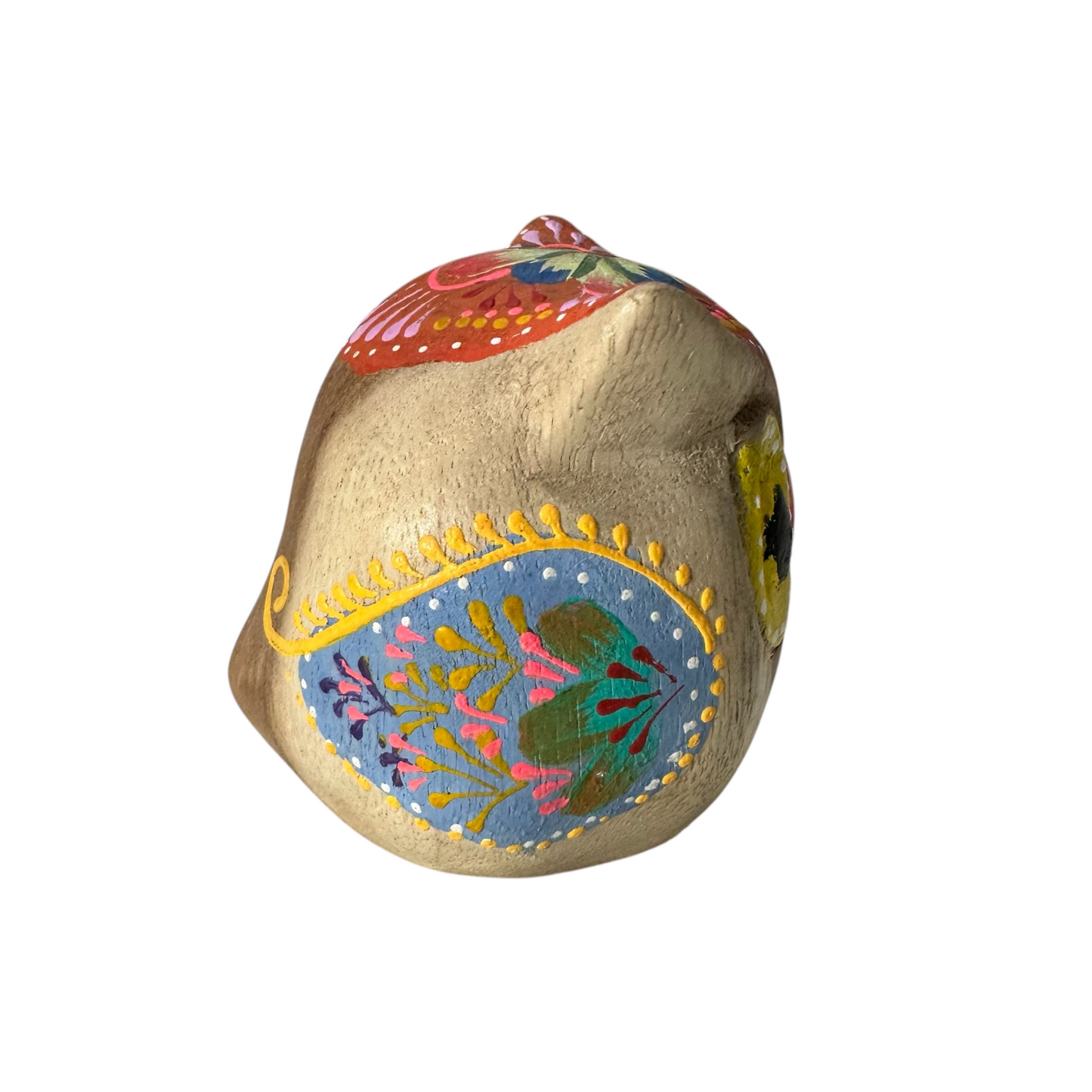 Hand-Painted Wooden Owl Figurine - Yellow & Red Floral Design
