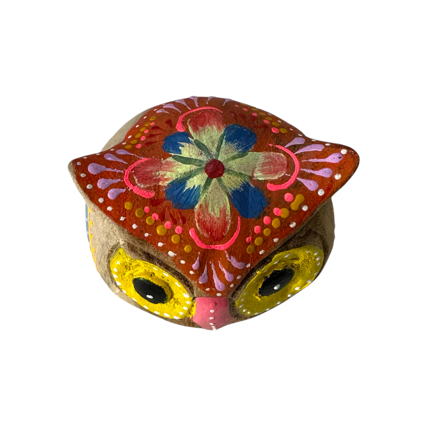 Hand-Painted Wooden Owl Figurine - Yellow & Red Floral Design