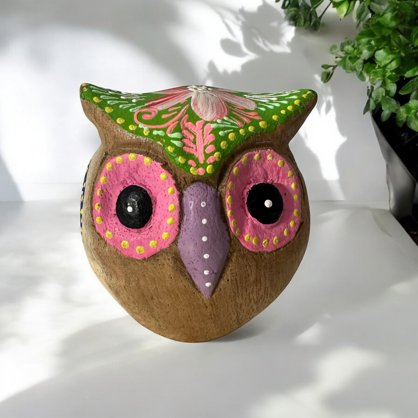 Hand-Painted Wooden Owl Figurine - Purple & Pink Decorative Pattern