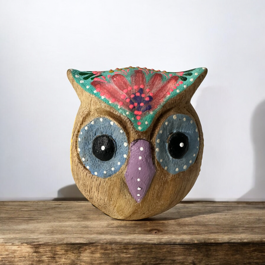 Hand-Painted Wooden Owl Figurine - Blue Floral & Rustic Finish