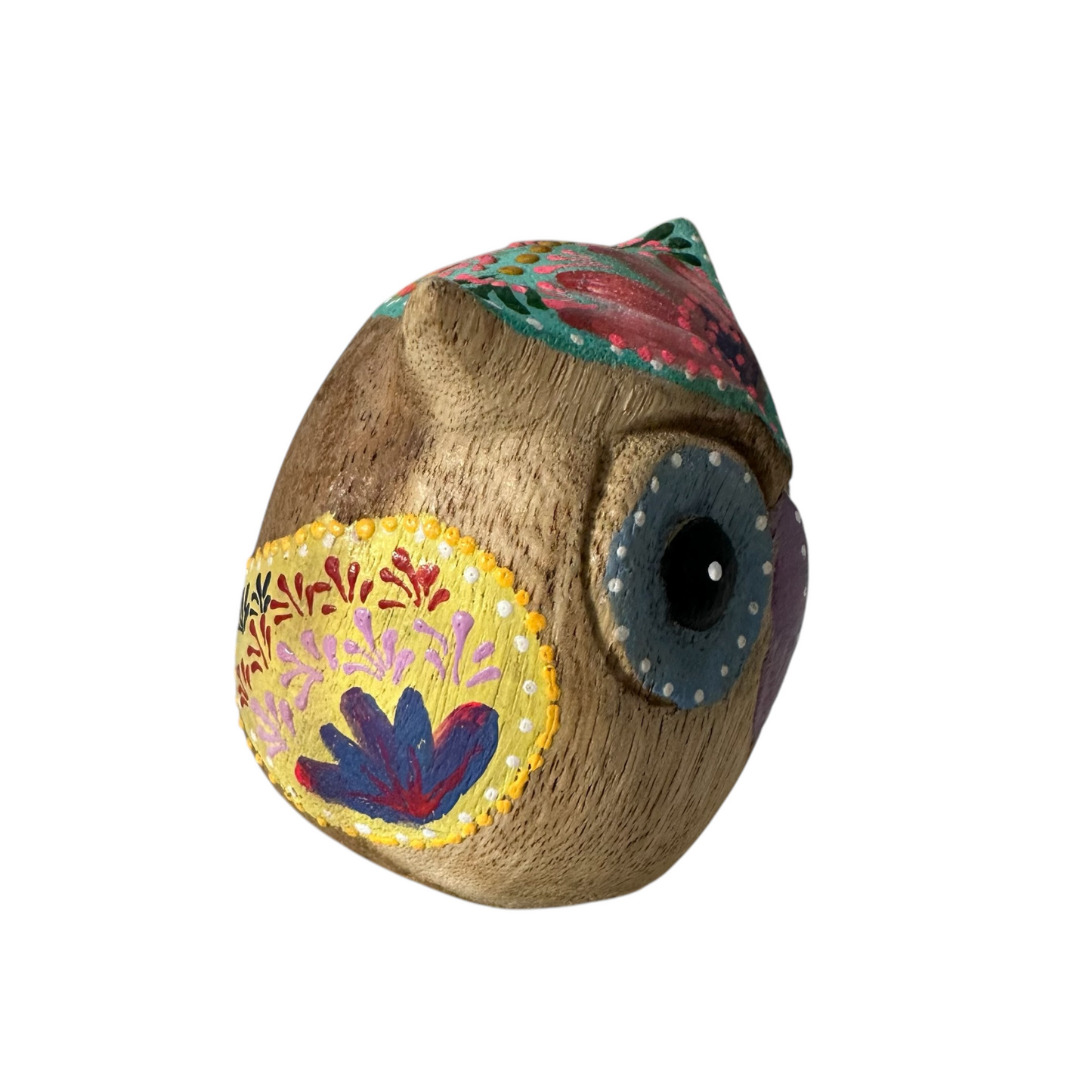 Hand-Painted Wooden Owl Figurine - Blue Floral & Rustic Finish