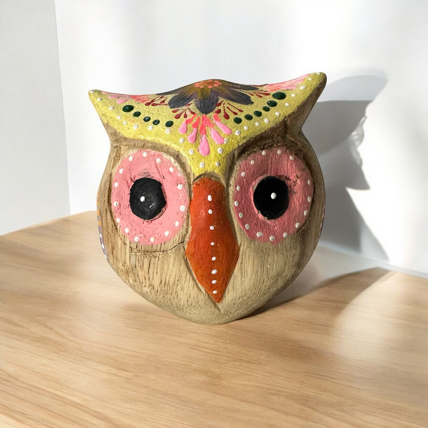 Hand-Painted Wooden Owl Figurine - Yellow & Pink Artistic Design