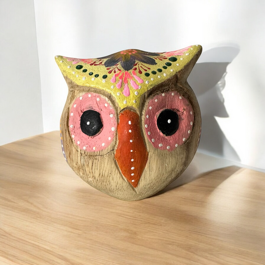 Hand-Painted Wooden Owl Figurine - Yellow & Pink Artistic Design
