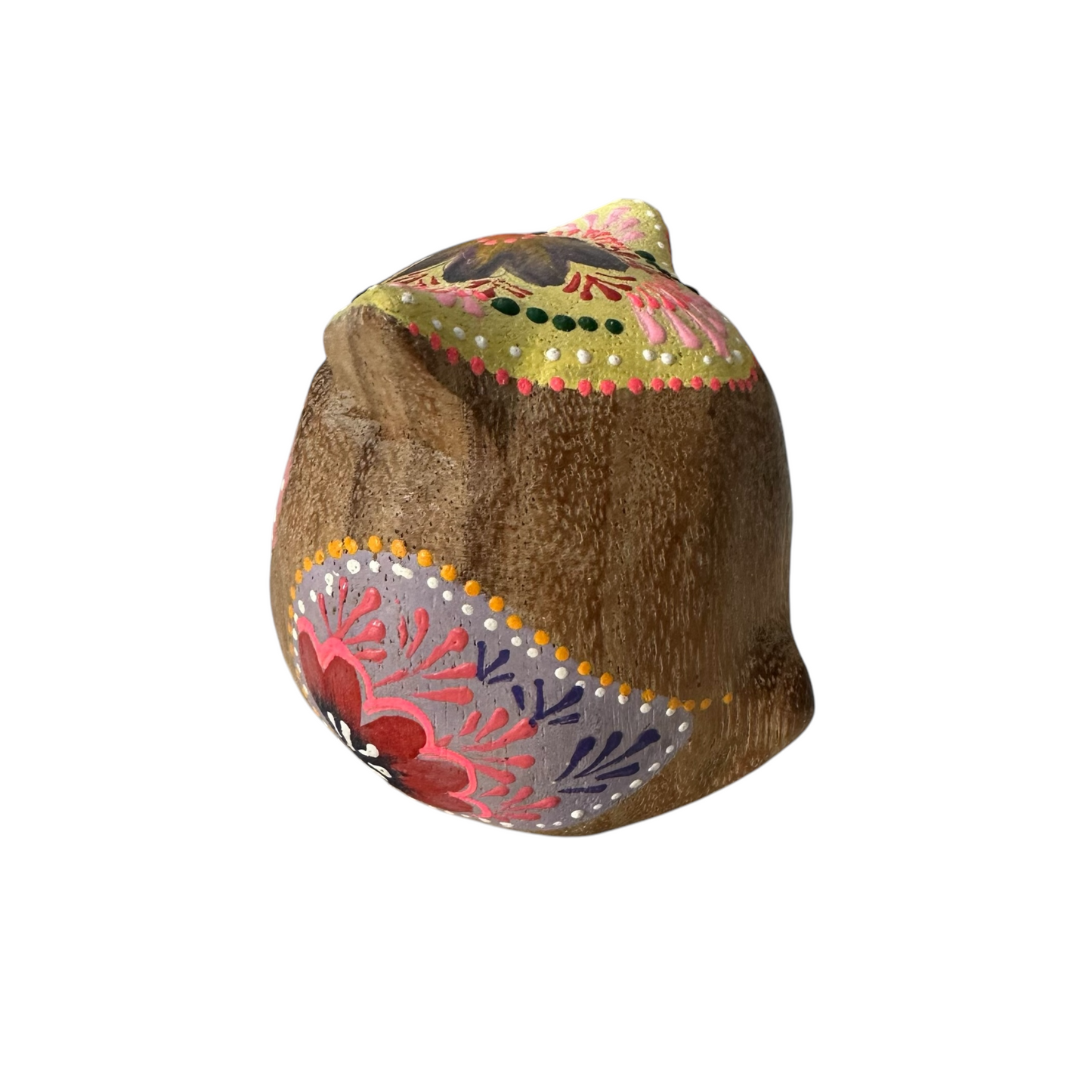 Hand-Painted Wooden Owl Figurine - Yellow & Pink Artistic Design