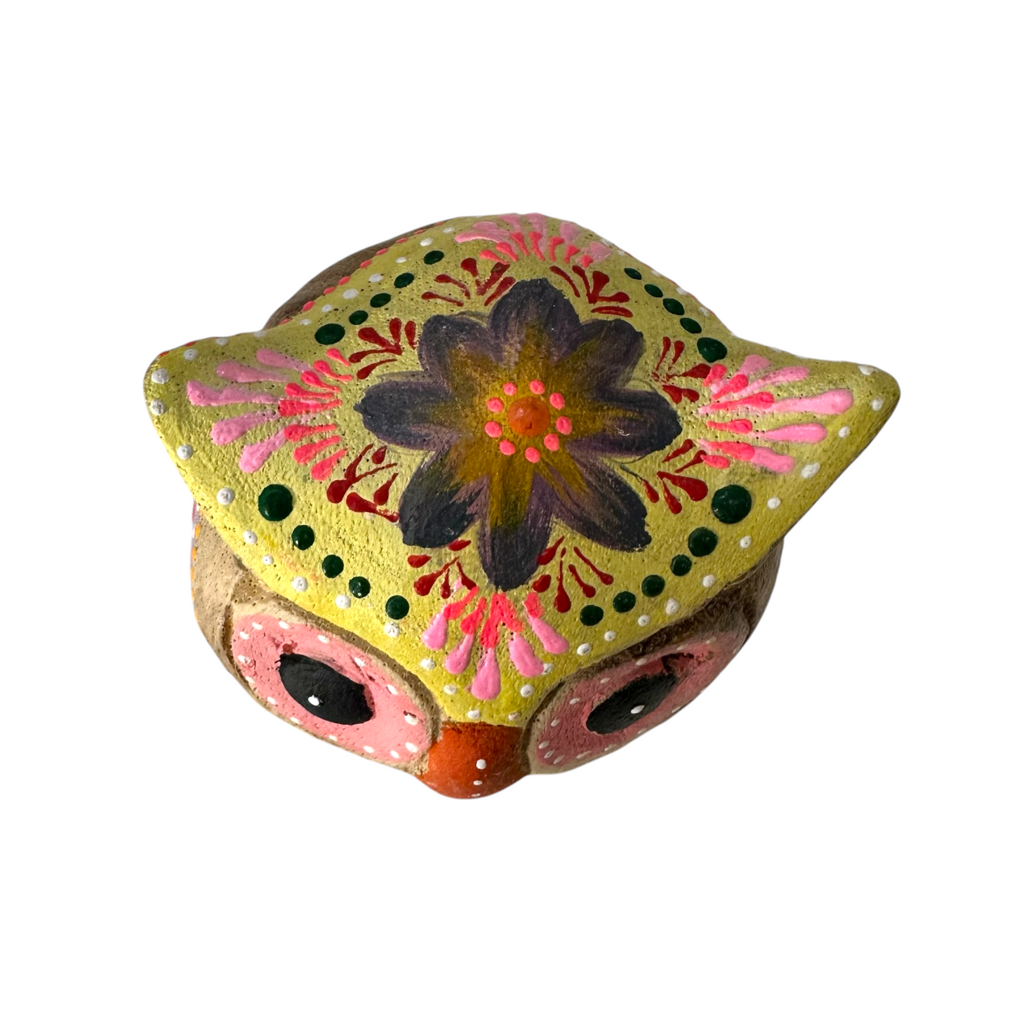 Hand-Painted Wooden Owl Figurine - Yellow & Pink Artistic Design