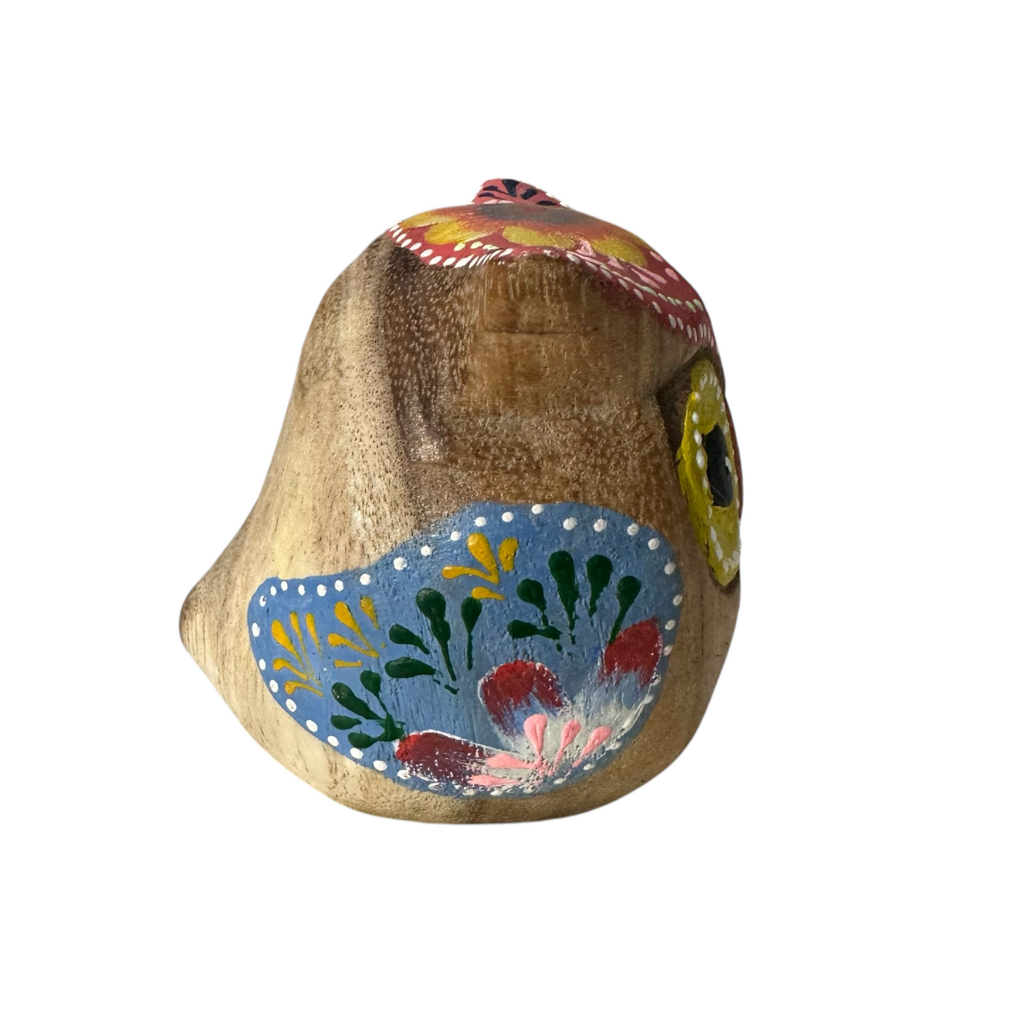 Hand-Painted Wooden Owl Figurine - Vibrant Blue & Yellow Accents
