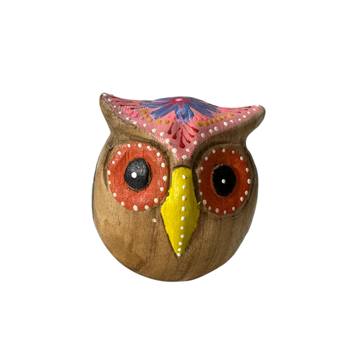 Hand-Painted Wooden Owl Figurine - Pink Blue & Floral Patterns