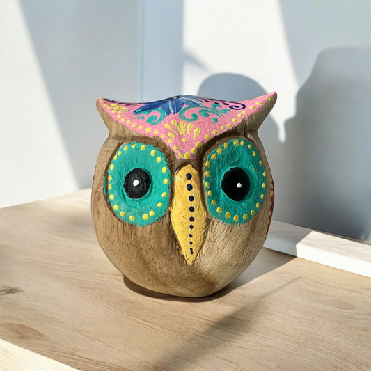 Hand-Painted Wooden Owl Figurine - Pastel Color Theme