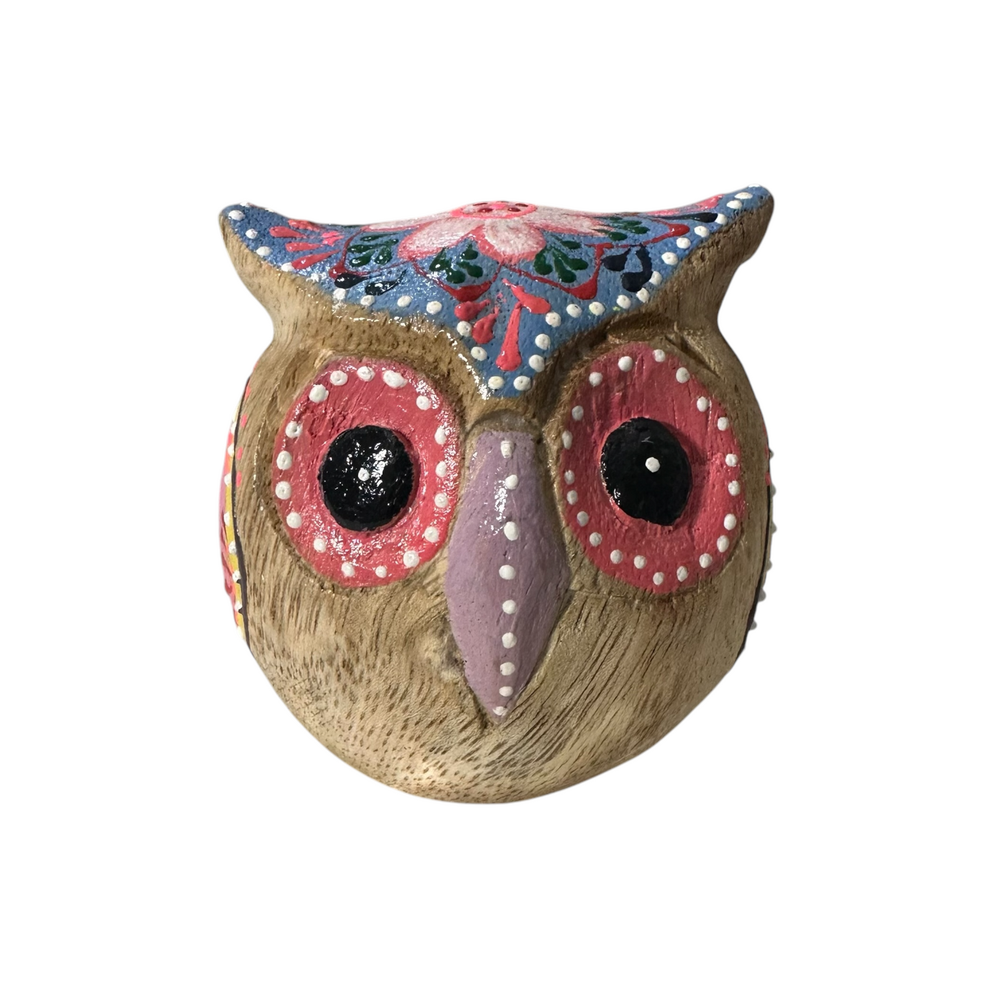 Hand-Painted Wooden Owl Figurine - Yellow & Pink Detailed Carving