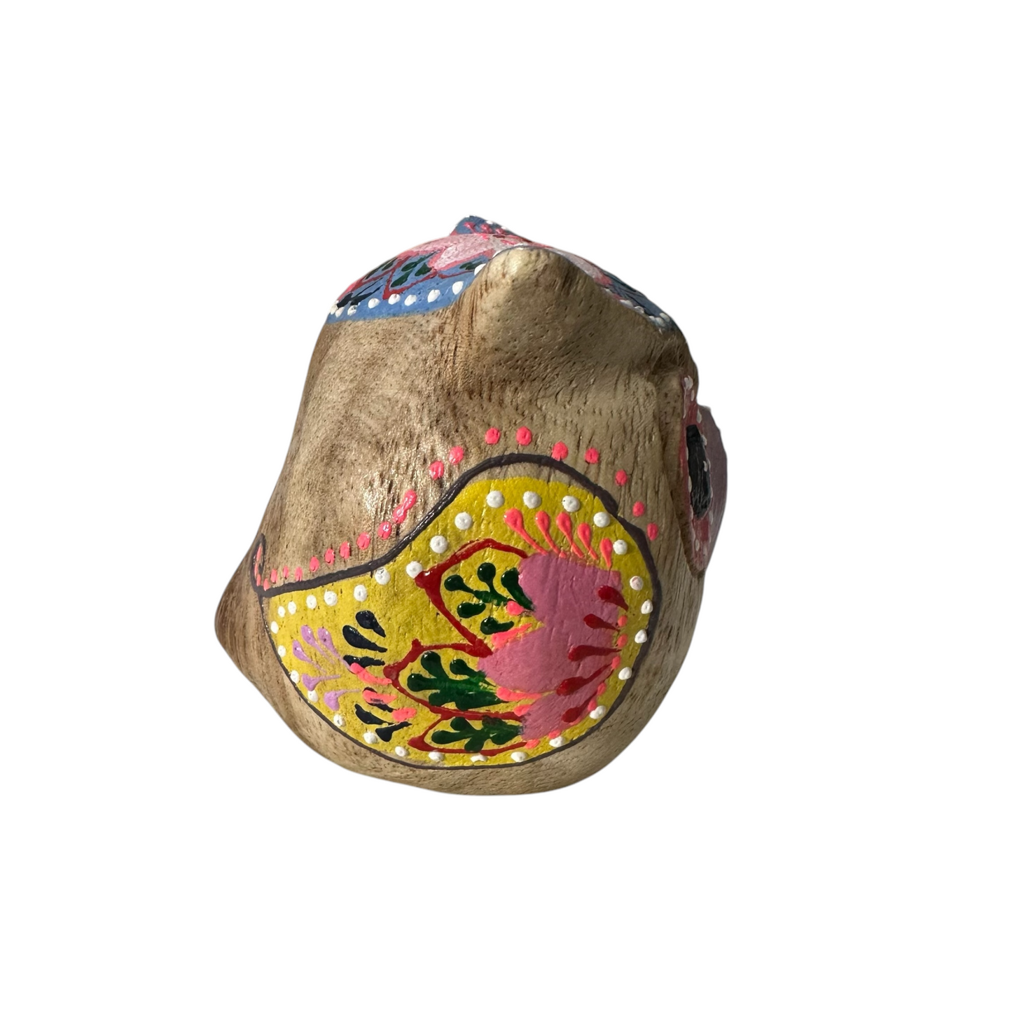 Hand-Painted Wooden Owl Figurine - Yellow & Pink Detailed Carving