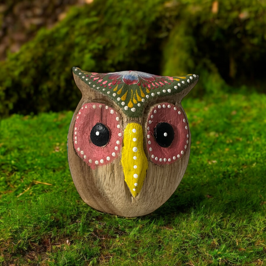 Hand-Painted Wooden Owl Figurine - Yellow & Green Artistic Design