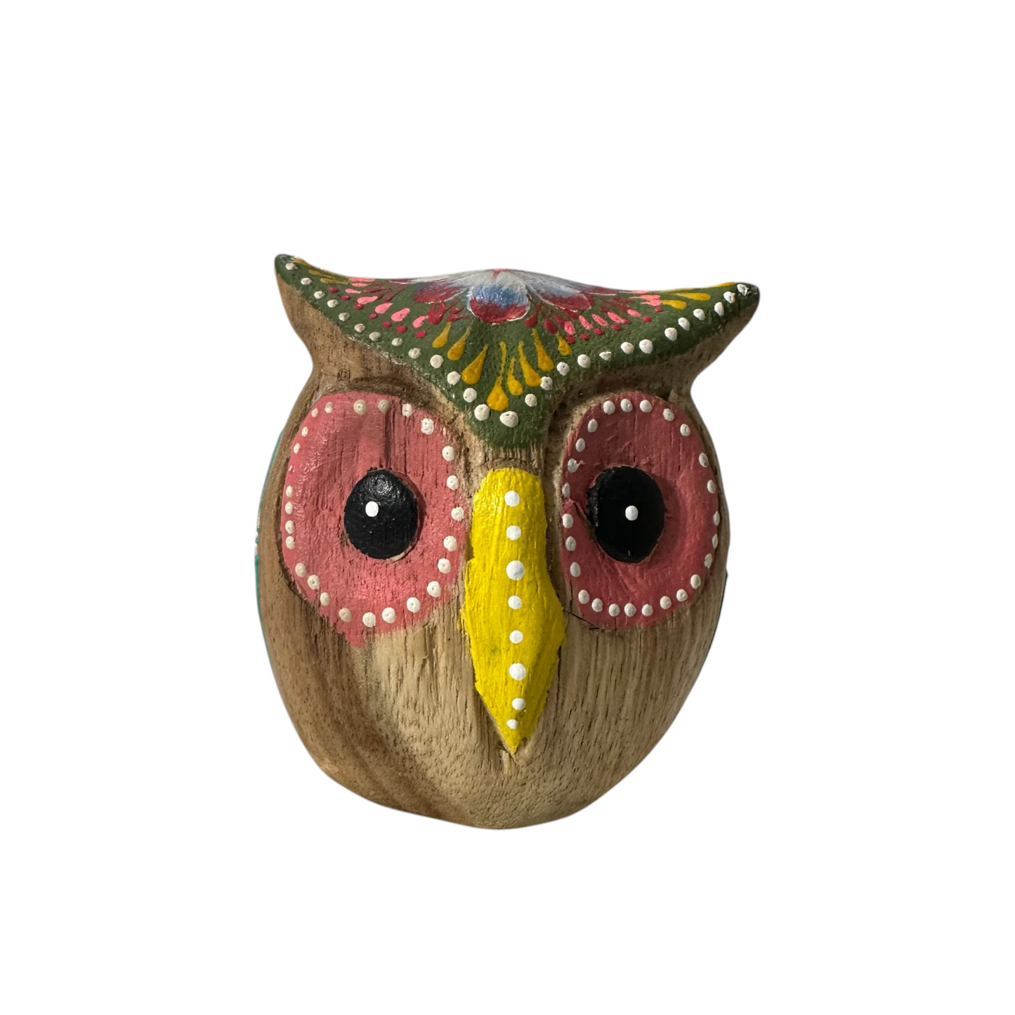 Hand-Painted Wooden Owl Figurine - Yellow & Green Artistic Design