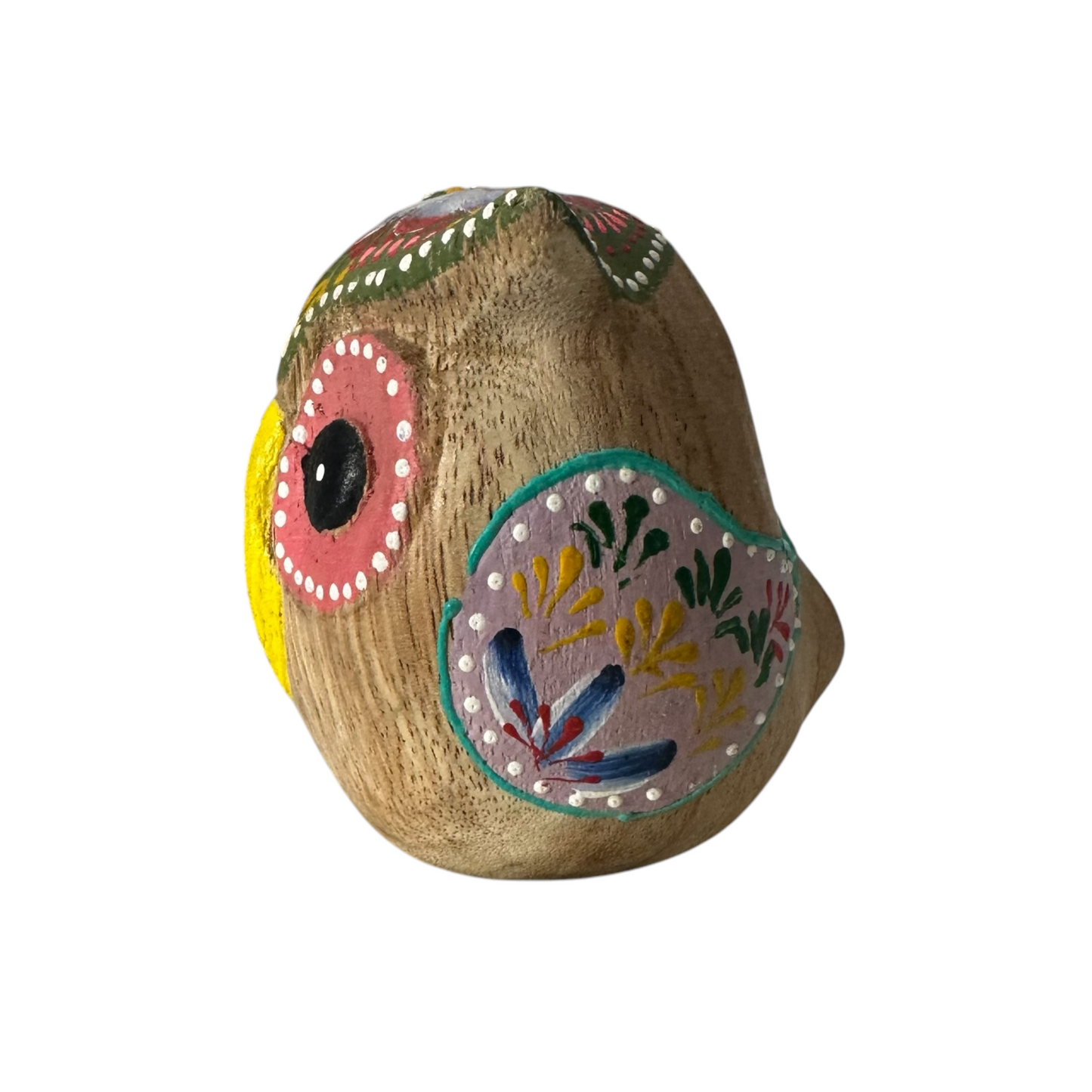 Hand-Painted Wooden Owl Figurine - Yellow & Green Artistic Design