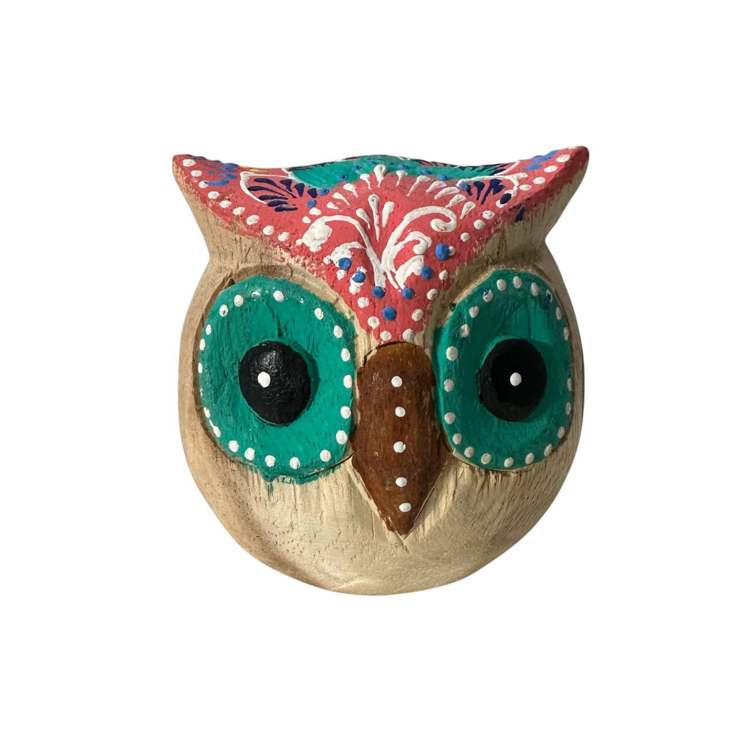 Hand-Painted Wooden Owl Figurine - Warm Earth Tones & Floral Design