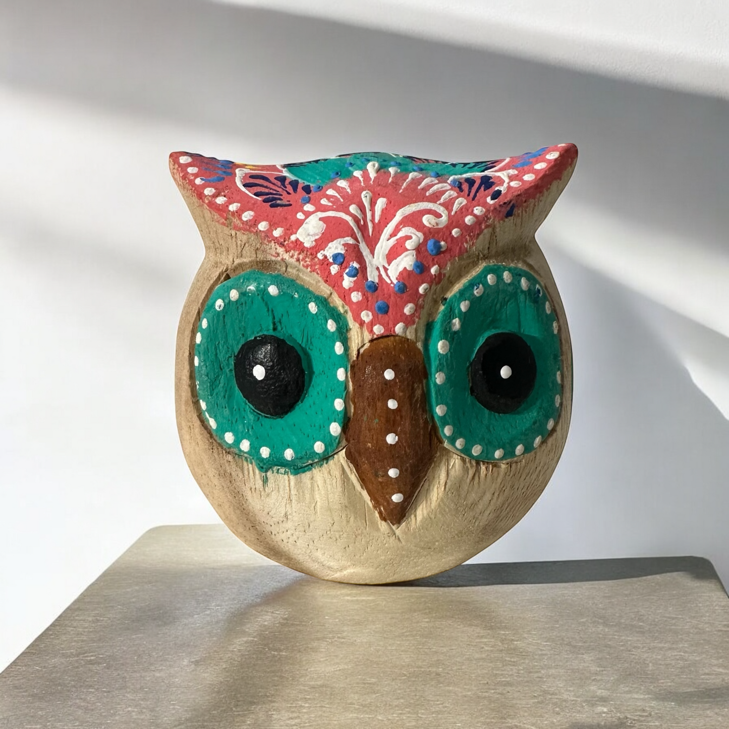 Hand-Painted Wooden Owl Figurine - Warm Earth Tones & Floral Design