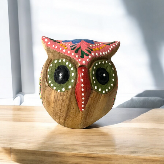 Hand-Painted Wooden Owl Figurine - Pink & Green Vibrant Design