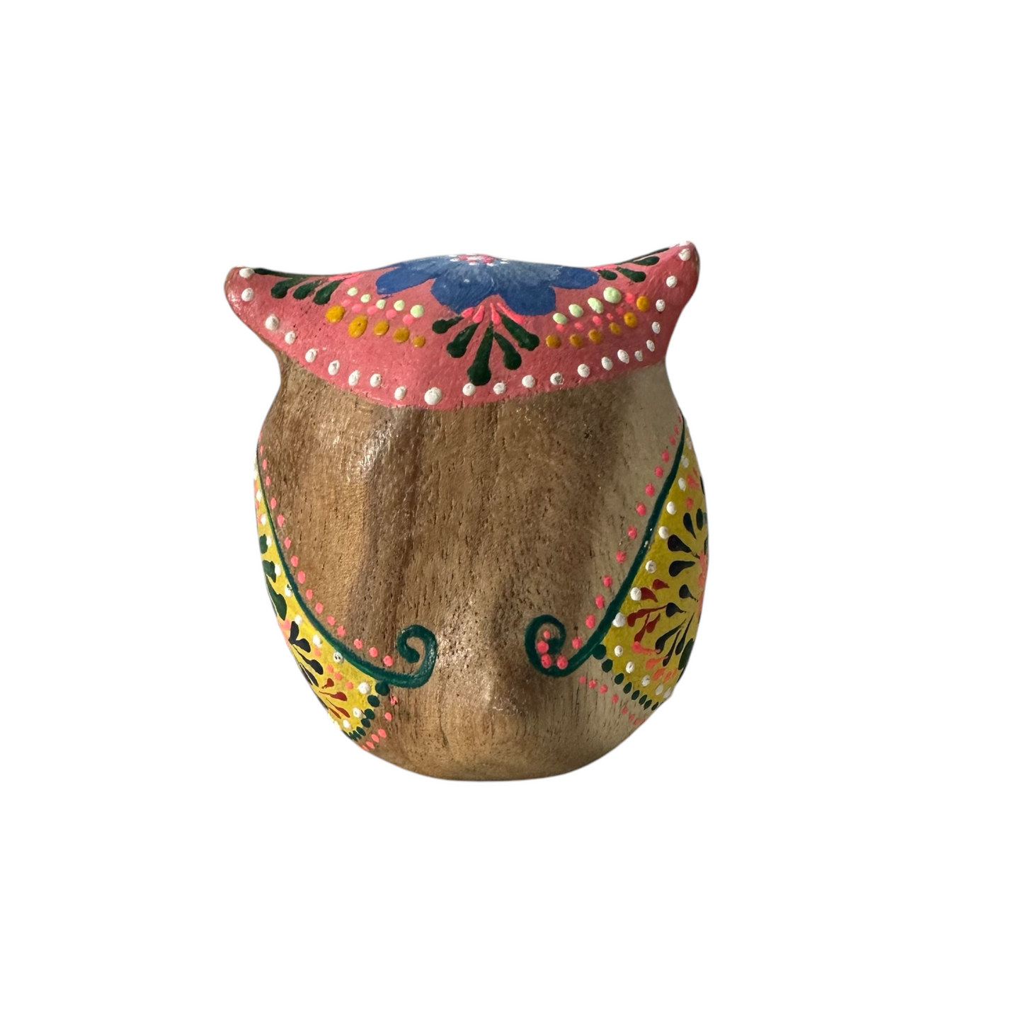 Hand-Painted Wooden Owl Figurine - Pink & Green Vibrant Design