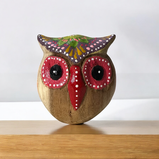 Hand-Painted Wooden Owl Figurine - Classic Red & Colorful Accents