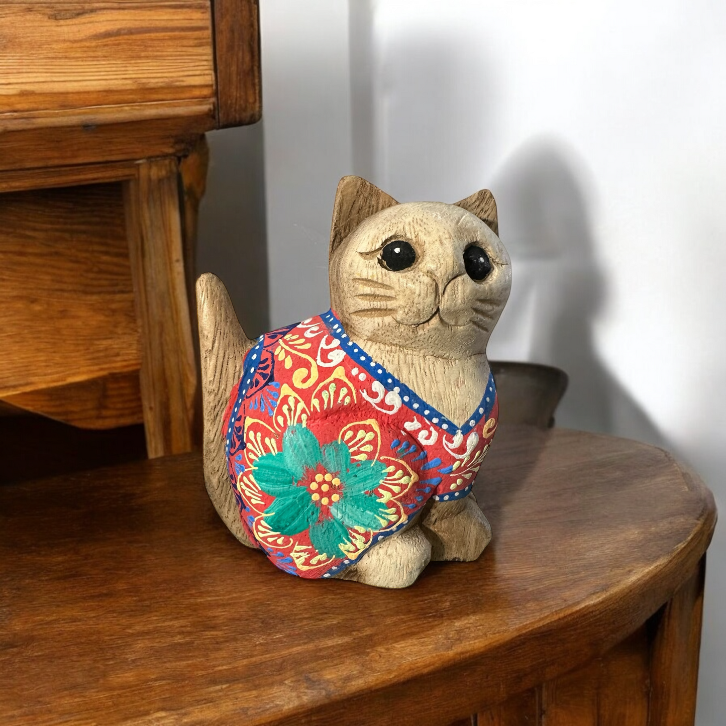 Hand-Carved Wooden Cat Figurine with Hand-Painted Floral Design Red Version – Siam Ruby Cat