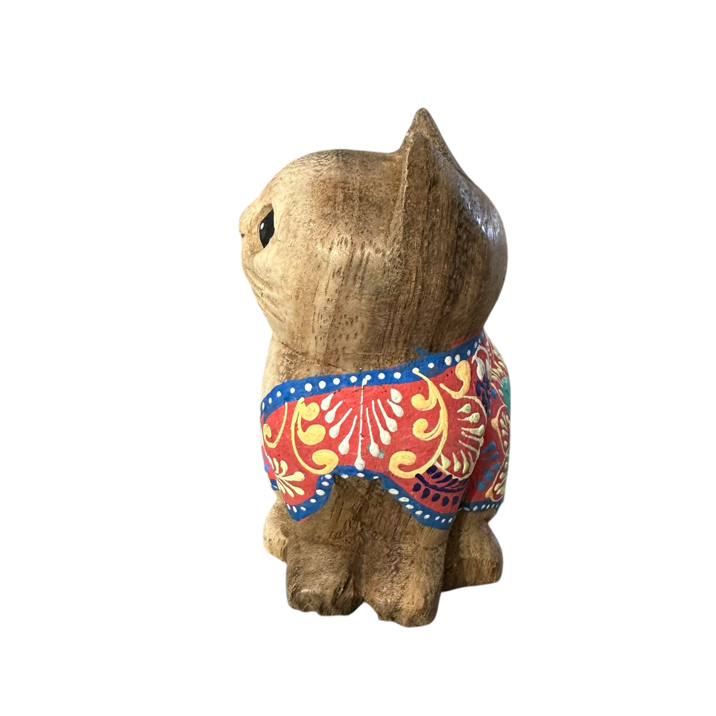 Hand-Carved Wooden Cat Figurine with Hand-Painted Floral Design Red Version – Siam Ruby Cat