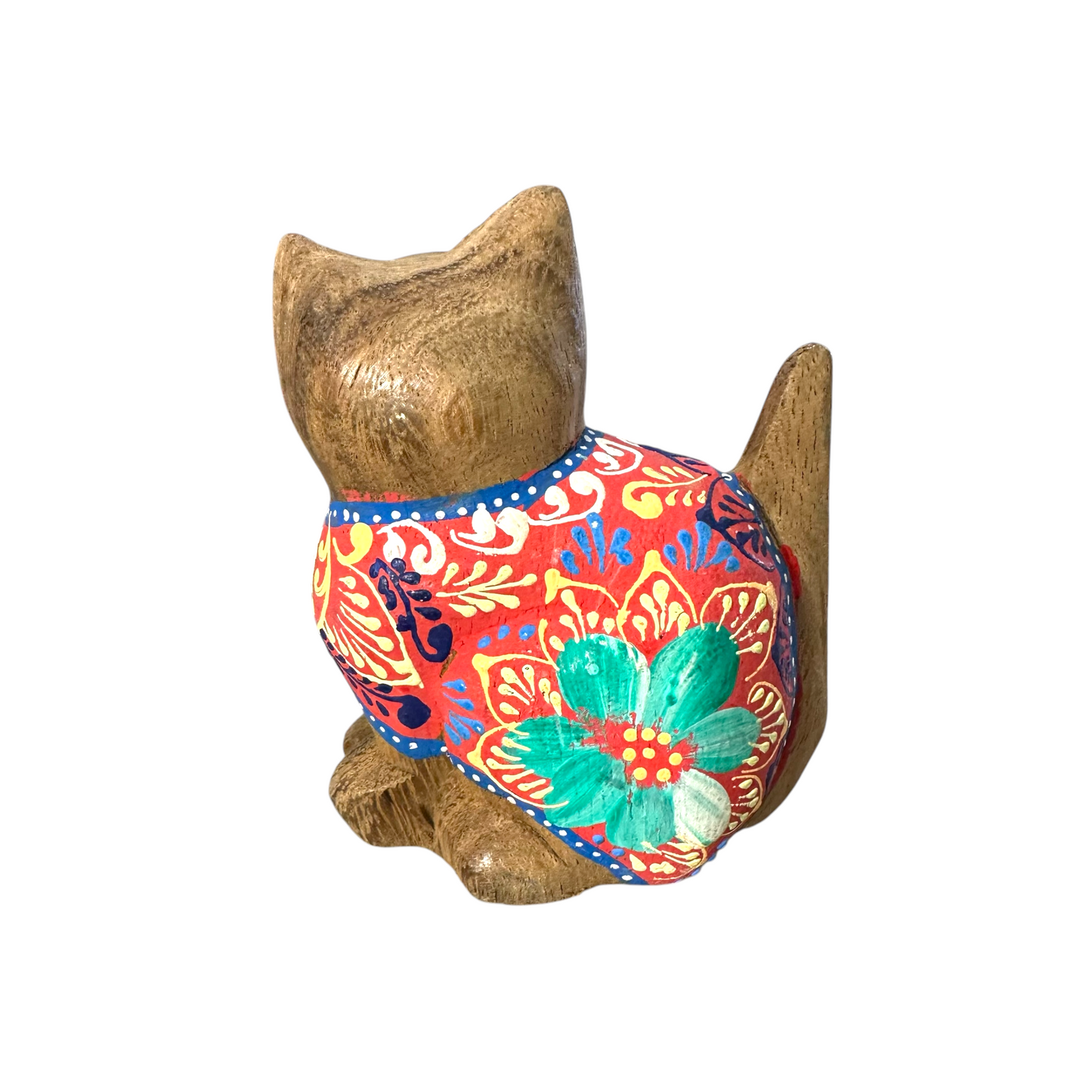 Hand-Carved Wooden Cat Figurine with Hand-Painted Floral Design Red Version – Siam Ruby Cat
