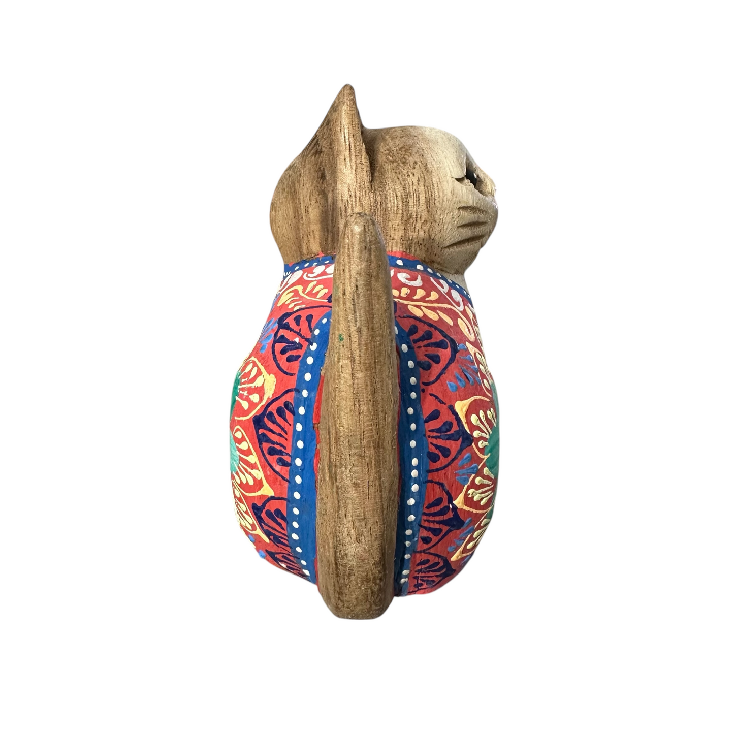 Hand-Carved Wooden Cat Figurine with Hand-Painted Floral Design Red Version – Siam Ruby Cat