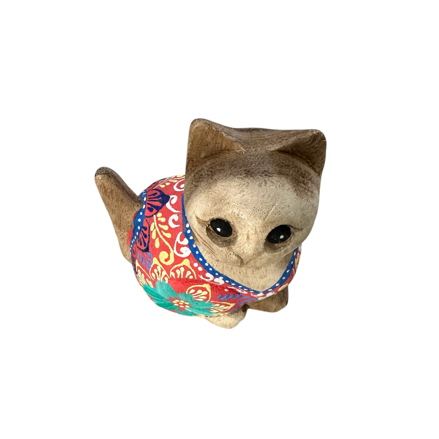 Hand-Carved Wooden Cat Figurine with Hand-Painted Floral Design Red Version – Siam Ruby Cat