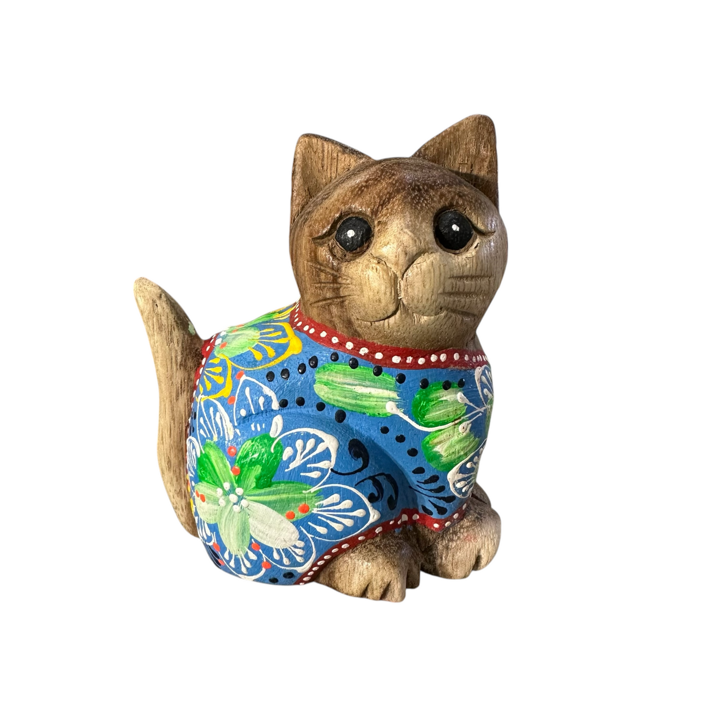 Hand-Carved Wooden Cat Figurine with Hand-Painted Floral Design Blue Version – Azure Blossom Cat