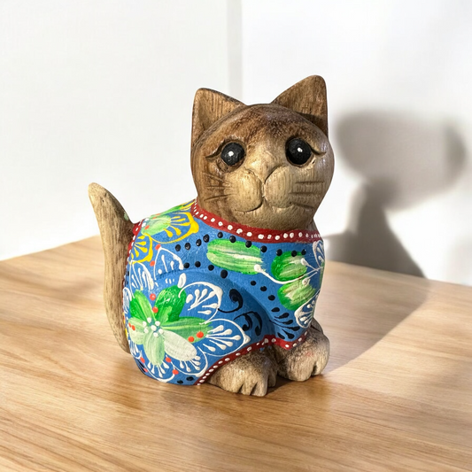 Hand-Carved Wooden Cat Figurine with Hand-Painted Floral Design Blue Version – Azure Blossom Cat